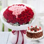 Pink & Red Roses Bouquet & Cake