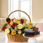 Mix Roses in Basket & Chocolate Cake
