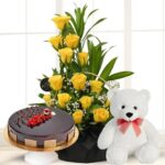 Yellow Roses in a Basket, Cake & Teddy