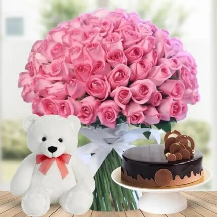 Pink Roses Bouquet With Cake & Teddy