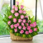 Blushing Tower Pink Rose Basket