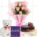 Pink Roses Bouquet, Cake, Teddy & Chocolates