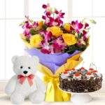 Bouquet of Roses & Orchids, Cake & Teddy