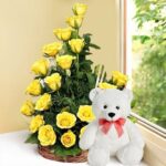 Yellow Roses in a basket & Teddy