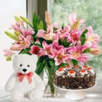 Pink Lilies in a Vase, Cake & Teddy