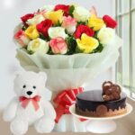Charming Roses, Cake, and Teddy Bear Delight