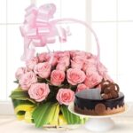 Pink Roses in a Basket & Cake