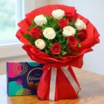 Bouquet of Red & White Roses & Chocolates