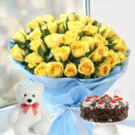 Bouquet of Yellow Roses, Cake & Teddy