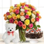 Mixed Roses, Cake & Teddy